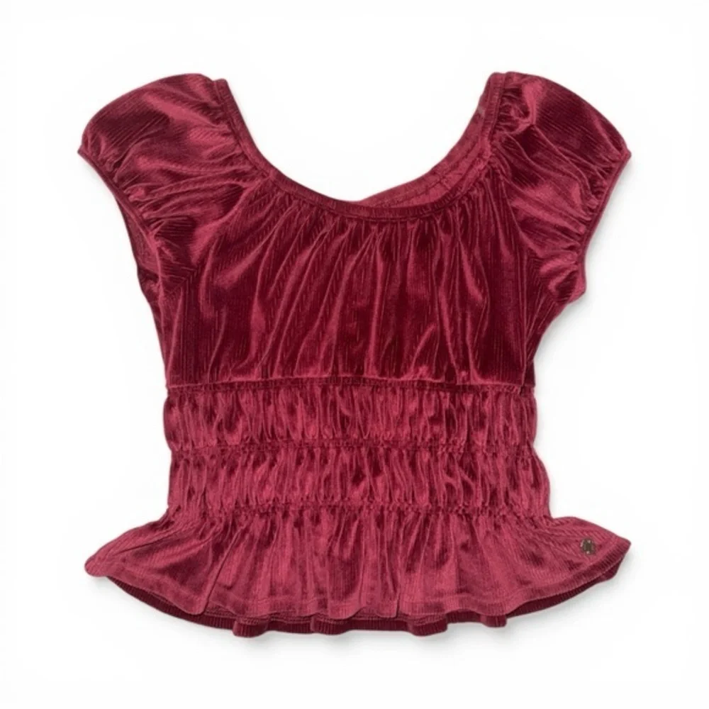 Justice Shirred Scoop Neck Top in Burgundy Short Puff Sleeve Peasant Style Shirt